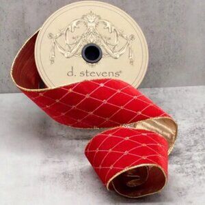 Red Velvet Diamond Embroidery Pattern Ribbon 2.5" Christmas Tree Wreath Accent